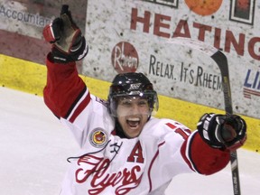 Leamington's Alex Seguin celebrates a first-period goal against the Chatham Maroons at the Leamington Kinsmen Recreation Complex. (DAN JANISSE/The Windsor Star)