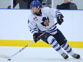 Toronto Marlboros defenceman Blake Coffey carries the puck in Toronto. (AARON BELL/OHL Images)