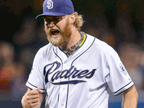 San Diego pitcher Andrew Cashner reacts after striking out Detroit's Miguel Cabrera for the final out in his one-hit shutout in the Padres' 6-0 victory Friday. (AP Photo/Lenny Ignelzi)