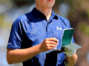 Jordan Spieth waits to play his tee shot on the fourth hole during the third round of the Masters Saturday. (Photo by Rob Carr/Getty Images)