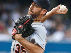 Detroit's Justin Verlander pitches against the San Diego Padres in the first inning Saturday in San Diego. (AP Photo/Lenny Ignelzi)