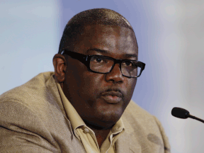Pistons President of Basketball Operations Joe Dumars speaks during a news conference in Auburn Hills, Mich. (AP Photo/Carlos Osorio)
