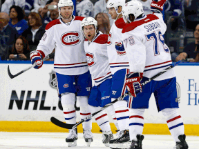 Montreal's Thomas Vanek, from left, David Desharnais, Max Pacioretty and P.K. Subban celebrate a goal against the Tampa Bay Lightning in Game 2 of the Stanley Cup playoffs.  (Photo by Mike Carlson/Getty Images)