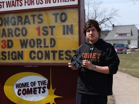 Marco Angione, 18, holds a 3D model version of the design which won first place worldwide in the Stratasys Extreme Redesign 3D Printing Challenge. (Sean Previl/Special to The Star)