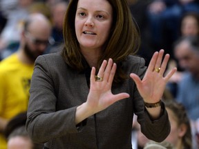 University of Windsor Lancers head coach Chantal Vallee makes some adjustments against Laurier in CIS basketball action. (NICK BRANCACCIO/The Windsor Star)