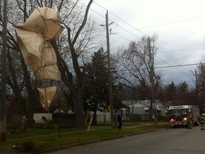 High winds blew a tent into wires on George Avenue in Windsor on April 14, 2014. (TwitPic: Dan Janisse/The Windsor Star)