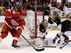 Detroit's Gustav Nyquist, left, is stopped by Boston goalie Tuukka Rask during Game 3 at Joe Louis Arena. (AP Photo/Carlos Osorio)