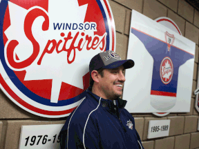 Spits coach Bob Boughner unveils the vintage jersey that the team wore for the OHL outdoor game at Comerica Park this year. (DAX MELMER/The Windsor Star)