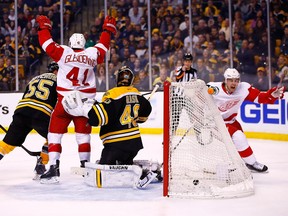 Luke Glendening of the Detroit Red Wings celebrates his goal on Boston's Tuukka Rask in last spring's Staney Cup playoffs.