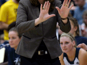 University of Windsor Lancers head coach Chantal Vallee makes some adjustments during a game against Laurier at the St. Denis Centre. (NICK BRANCACCIO/The Windsor Star)