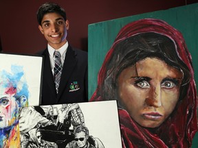 Alex Deans, 16, and some of his paintings at The Windsor Star News Cafe on April 16, 2014. An inventor, scientist, artist, athlete, and politician, Deans has been named by Maclean's magazine as one of "Canada's future leaders." (Jason Kryk / The Windsor Star)