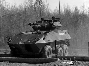 The Cougar variant of a Canadian Army AVGP (Armoured Vehicle General Purpose) is shown on an obstacle course in this 1979 image. (Lance Cpl. D. Davis / Wikimedia Commons)
