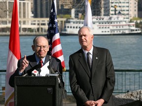 Rt. Hon. Herb Gray, Canadian Chair International Joint Commission, left, and Hon. Denis Schronack, U.S. Chair International Joint Commission, release its synthesis of public comment on the Great Lakes Water Quality Agreement at Dieppe Park, Thursday. See Lajoie story for more cutline information. The Windsor Star - Nick Brancaccio