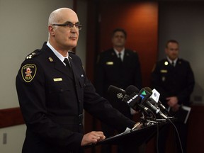 Windsor Police chief Al Frederick addresses the media at a press conference at police head quarters in Windsor on Monday, April 14, 2014. A two month investigation initiated by Windsor Police culminated with the arrest of WPS Constable David Bshouty being arrested entering the US from Windsor.                   (TYLER BROWNBRIDGE/The Windsor Star)