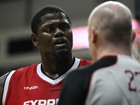 Windsor's DeAndre Thomas speaks to the referee about a call  during Game 2 of the NBL Canada Finals between the Windsor Express and the Island Storm at the WFCU Centre, Sunday, April 6, 2014.  (DAX MELMER/The Windsor Star)