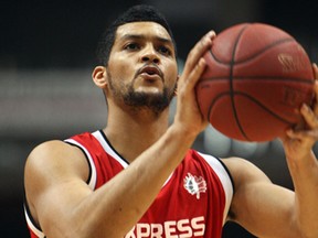 The Windsor Express' Kevin Loiselle shots a free throw agains the Island Storm at the WFCU Centre in Windsor on Tuesday, April 15, 2014.                    (TYLER BROWNBRIDGE/The Windsor Star)