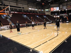 The Windsor Express practice at the WFCU Centre in Windsor on Wednesday, April 16, 2014. The team will play the Island Storm on Thursday in game seven of the championship final.                    (TYLER BROWNBRIDGE/The Windsor Star)