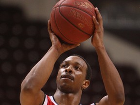 The Windsor Express' Stefan Bonneau shoots a free throw against the Island Storm at the WFCU Centre in Windsor during game one of the championship final on Friday, April 4, 2014.                          (TYLER BROWNBRIDGE/The Windsor Star)