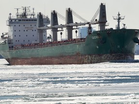 One of the first freighters of the season makes its way east along the Detroit River on April 9, 2014.  (DAN JANISSE/The Windsor Star) CRUISER