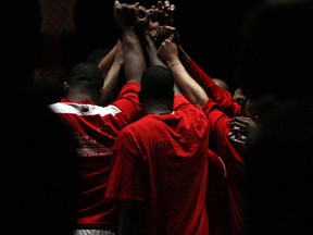 The Windsor Express come together before they take on the Island Storm in Game 7 of the NBL championship final at the WFCU Centre in Windsor on Thursday, April 17, 2014. (TYLER BROWNBRIDGE/The Windsor Star)