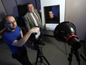 Dmitry Gavrilov and Roman Maev demonstrate some of the equipment they use to study the thermographic techniques to evaluate priceless art at the Institute of Diagnostic Imaging Research in Windsor on Friday, April 11, 2014.                   (TYLER BROWNBRIDGE/The Windsor Star)