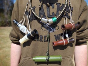Jesse Harris displays his lanyard full of goose and duck calls at the 2nd annual National Wildlife Week Festival at Jack Miner Bird Sancuary in Kingsville April 12, 2014. (DAX MELMER/The Windsor Star)