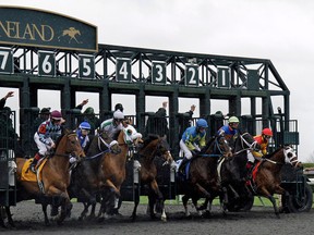 Thoroughbreds break from the starting game in the first horse race of opening day at Keeneland in Lexington, Ky., Friday, April 4, 2014. English Council (4), getting a late start, won the race. (Associated Press/Garry Jones)