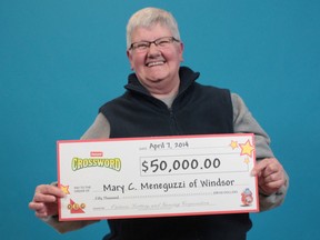Windsor's Mary Meneguzzi, 66, won won the top prize playing Instant Quest for Golf Crossword, a ticket she purchased at Mr. C Florals & Balloons on Wyandotte St, the Ontario Lottery and Gaming Corporation announced Tuesday.(Courtesy of OLG)