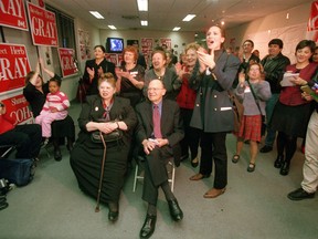 (Nov 27/00) In this file photo, Herb Gray, his wife Sharon, left, and MPP Sandra Pupatello break out in a cheer as the first round of returns show him way ahead in Windsor West. Gray and his supporters and campaign workers gathered at his campaign office on Ouellette Avenue to celebrate his landslide victory. (Windsor Star files)