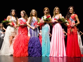 Laura Coppola, left, Katrina Kryza, Amber Bernachi, Patricia Poczekaj, Alyssa Boston and Denise Cortez are six contestants at the 2014 Miss Universe Canada Western Ontario Preliminary Competition at the Capitol Theatre Saturday, April 26, 2014, who will move on to the nationals in Toronto on May 24.  (JOEL BOYCE/The Windsor Star)