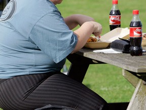 An obese person has lunch in a park. (Associated Press files)