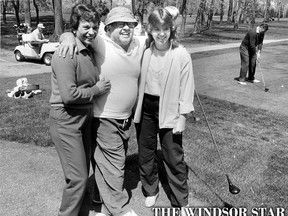 Mickey Rooney laughs it up with Marilyn Deschamps and her daughter Tammy at Essex Golf Club on April 26, 1985. Rooney stopped to pose with the duo on the 10th tee. (NICK BRANCACCIO/The Windsor Star)