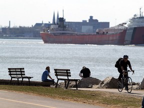 A lake freighter sails up the Detroit River in Windsor on a sunny Tuesday, April 29, 2014.                     (TYLER BROWNBRIDGE/The Windsor Star)