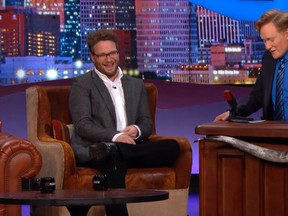 Seth Rogen (L) with Conan O'Brien (R) on Conan, April 1, 2014. (TBS)