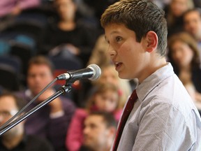 Kyle Chinnery speaks during a Windsor-Essex Catholic District School Board meeting at St. Anne's in Lakeshore on Wednesday, April 16, 2014. The closure of schools was debated.                    (TYLER BROWNBRIDGE/The Windsor Star)