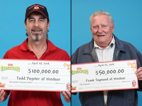 Windsor residents Todd Poynter (left) and Frank Sigmund (right) show off the prize cheques they won by playing OLG Instant Games in April 2014. (Handout / The Windsor Star)