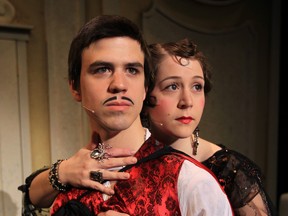 Erik Faucon plays Adolpho and Lauren Gurski is the drowsy chaperone in St. Clair College’s production of The Drowsy Chaperone, which opens Wednesday at Chrysler Theatre. (NICK BRANCACCIO / The Windsor Star)