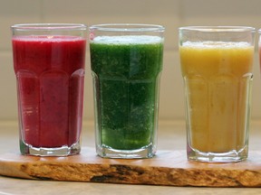 Nutritious drinks Beet, Carrot, Orange and Tofu, left,; Kale, Pear and Cucumber; Tropical Fruit with Almond and Ginger; and Sour Cherry, Raspberry and Pomegranate. (Adrian Lam /  Victoria Times Colonist files)