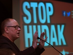Sid Ryan of Ontario Federation of Labour addresses a large Stop Hudak gathering held at Giovanni Caboto Club of Windsor May 13, 2014. (NICK BRANCACCIO/The Windsor Star) See story.