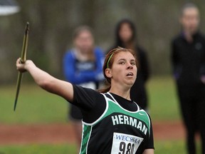 Javelin thrower Carleigh Labelle of Herman High School competes at WECSSAA track and field championships at Robert Carrick Complex at Sandwich Secondary School, Wednesday May 14, 2014. (NICK BRANCACCIO/The Windsor Star)