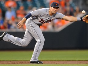 Detroit third baseman Nick Castellanos catches a line drive hit by Baltimore's Nick Markakis in the third inning Tuesday in Baltimore. (AP Photo/Gail Burton)