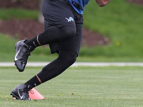 Lions draft pick Eric Ebron goes through the passing drills Friday a rookie mini-camp in Allen Park. (Photo by Leon Halip/Getty Images)