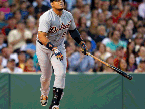 Detroit's Miguel Cabrera hits a homer against the Boston Red Sox in the third inning at Fenway Park Saturday. (Photo by Jim Rogash/Getty Images)