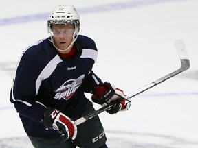 Spits forward Ben Johnson skates during training camp at the WFCU Centre. (TYLER BROWNBRIDGE/The Windsor Star)