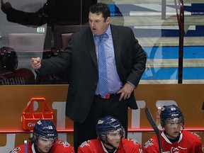 Oshawa Generals coach D.J. Smith talks to the officials at the WFCU Centre. (TYLER BROWNBRIDGE/The Windsor Star)
