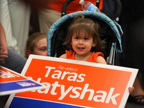 Rori LeClaire, 2, watches as MPP Taras Natyshak thanks his supporters, friends and family during a campaign launch party in Essex, Thursday May 22, 2014.  Natyshak was in the wedding party of Rori's parents, Ray and Aundria LeClaire. (NICK BRANCACCIO/The Windsor Star)
