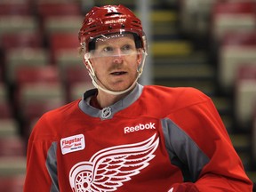 Red Wings forward Daniel Alfredsson takes a break at practice at Joe Louis Arena. (DAN JANISSE/The Windsor Star)