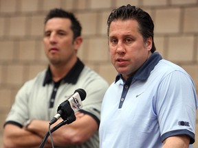 Spits GM Warren Rychel, right, and coach Bob Boughner answer questions from season ticket holders at the WFCU Centre. (TYLER BROWNBRIDGE/The Windsor Star)