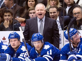Leafs head coach Randy Carlyle yells from the bench against the Ducks. (AP Photo/The Canadian Press, Nathan Denette, File)