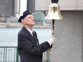 In this file photo, Herb Jones of the Royal Canadian Naval Association rings a ship's bell in memory of Canadian ships lost during the Second World War at a ceremony commemorating the Battle of the Atlantic held at Dieppe Park on Sunday, May 4, 2014. (REBECCA WRIGHT/ The Windsor Star)